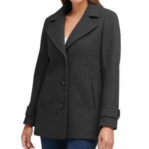 ANDREW MARC SINGLE-BREASTED PEACOAT WOMENS NOTCHED-C0LLAR BLACK COLOR SIZE LARGE